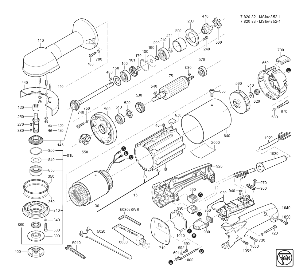  Diagram and Parts List for MSFOV852-1 78208300260 Fein Angle Grinder