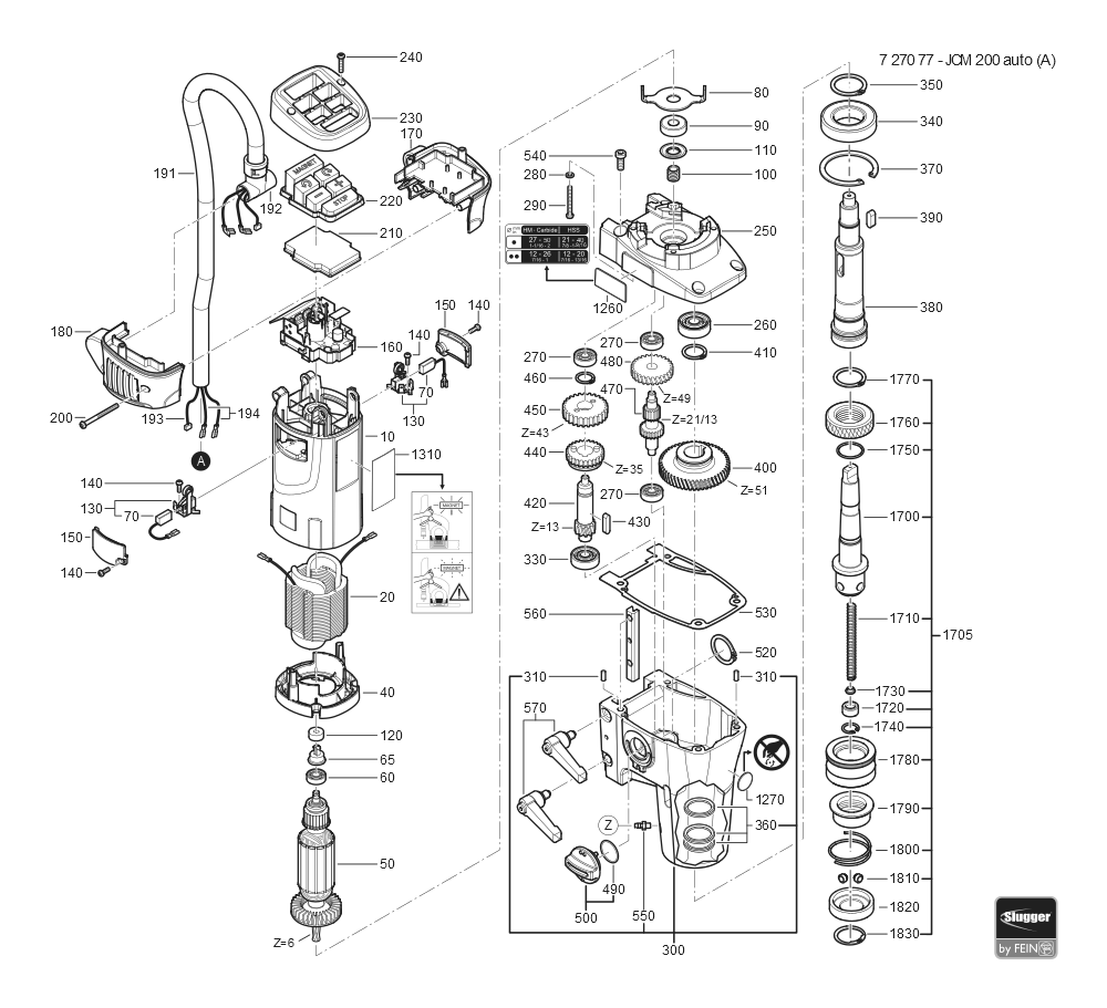  Diagram and Parts List for JCM200AUTO 72707709360 Fein Mortiser
