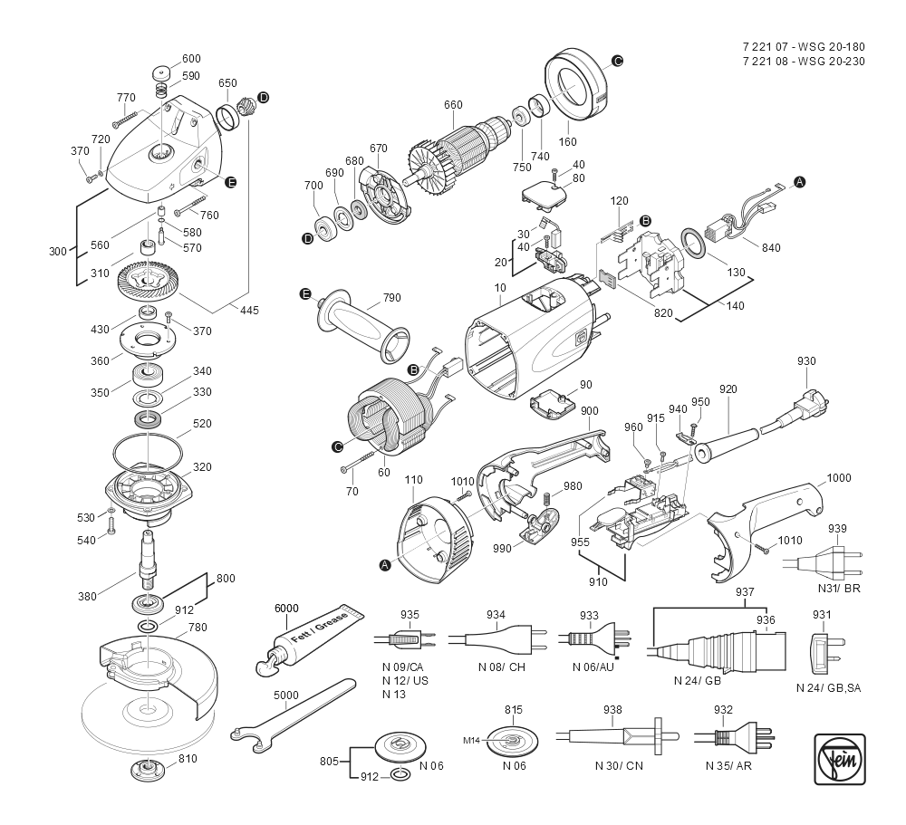  Diagram and Parts List for WSG20-180 72210700624 Fein Angle Grinder