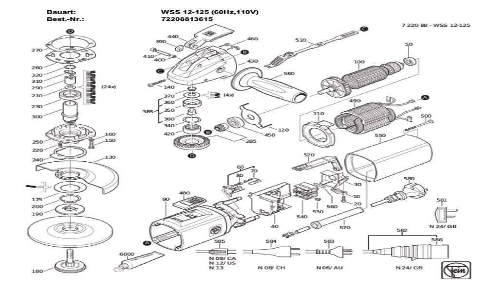 Figure 0 Diagram and Parts List for 72208813615  Fein Grinder