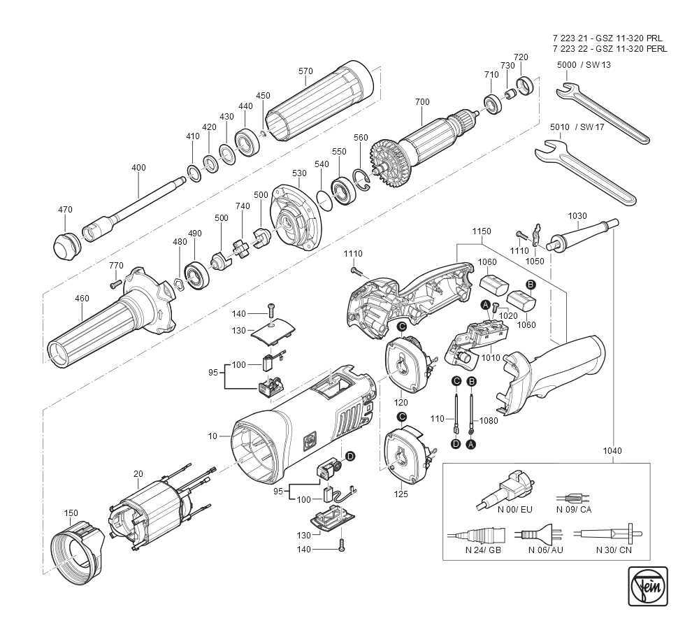  Diagram and Parts List for GSZ11-320PRL 72232109360 Fein Die Grinder