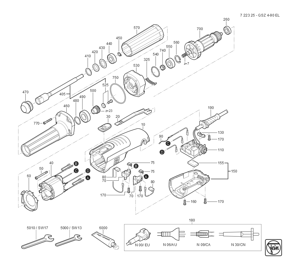  Diagram and Parts List for GSZ4-90EL 72232509360 Fein Die Grinder