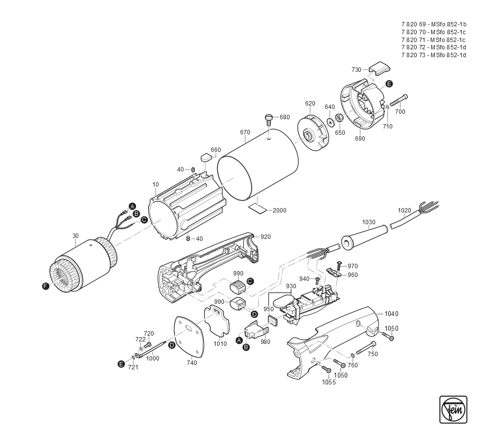  Diagram and Parts List for MSFO852-1B 78206600260 Fein Angle Grinder