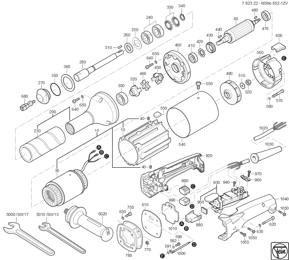  Diagram and Parts List for MSHO852-1ZV 78232200260 Fein Angle Grinder