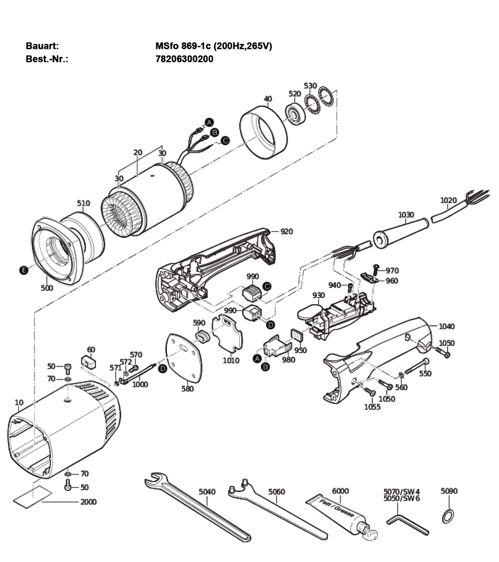 Figure 1 Diagram and Parts List for 78206300200  Fein Grinder