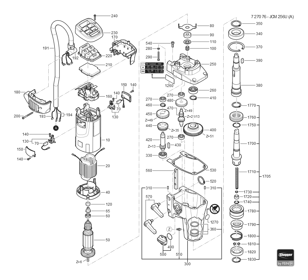  Diagram and Parts List for JCM256U 72707609360 Fein Mortiser