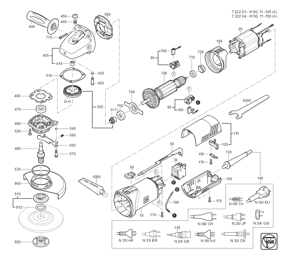  Diagram and Parts List for WSG11-150 72220409360 Fein Angle Grinder