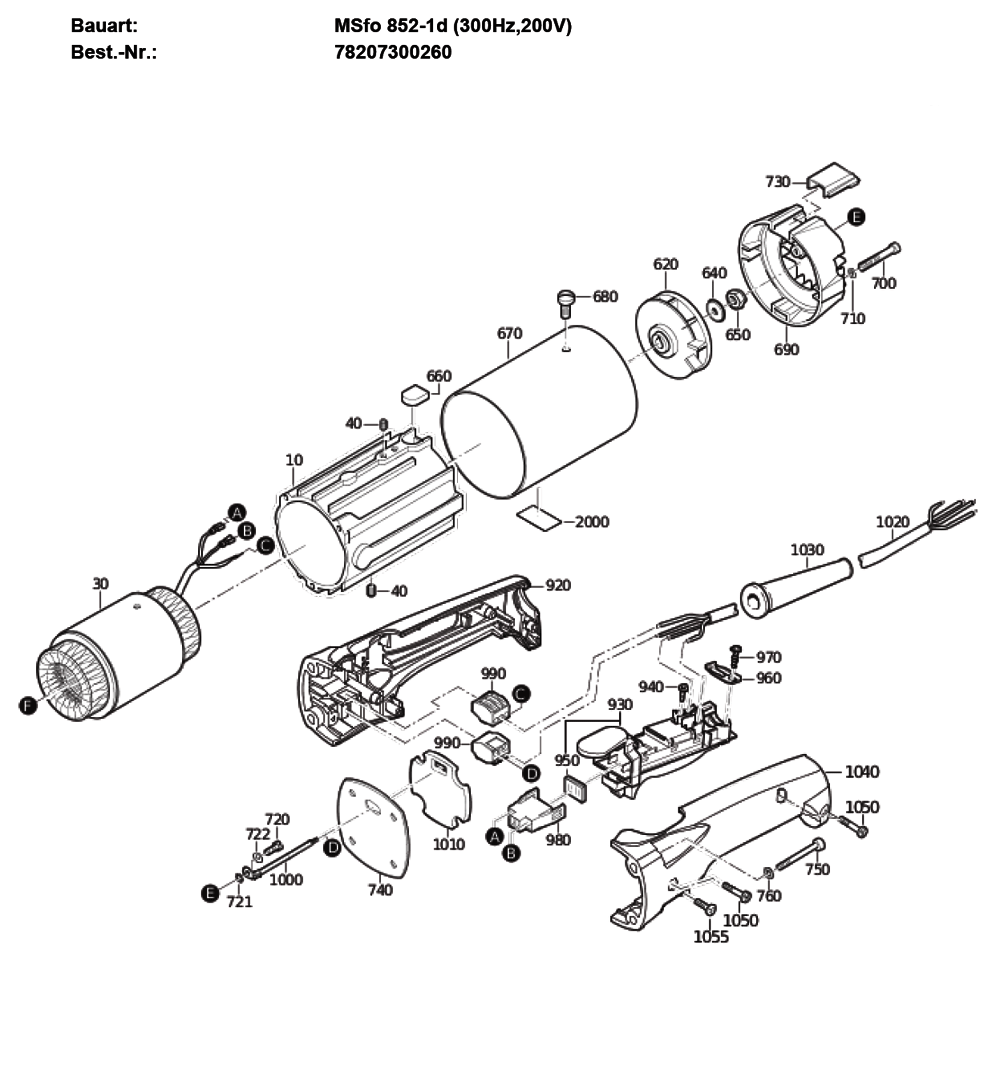 Figure 1 Diagram and Parts List for 78207300260  Fein Grinder