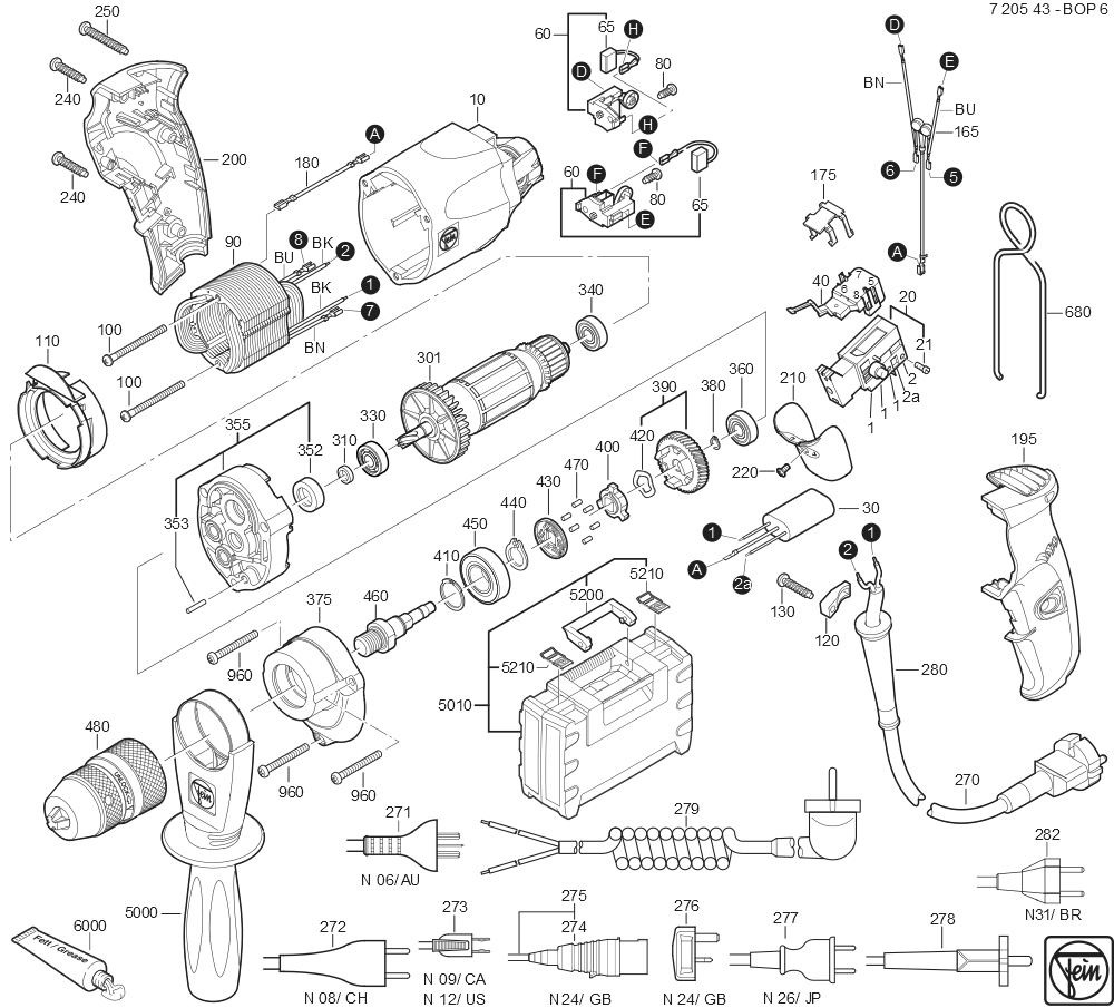  Diagram and Parts List for BOP6 72054309360 Fein Electric Drill