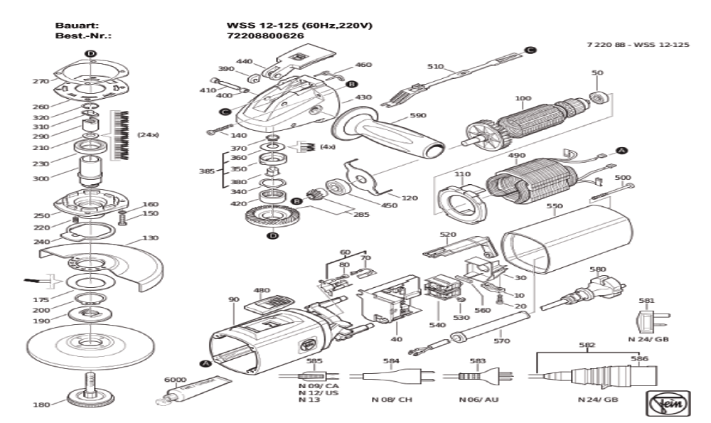 Figure 0 Diagram and Parts List for 72208800626  Fein Grinder
