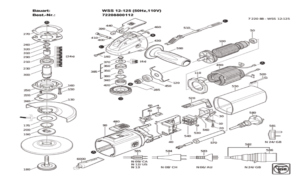 Figure 0 Diagram and Parts List for 72208800112  Fein Grinder