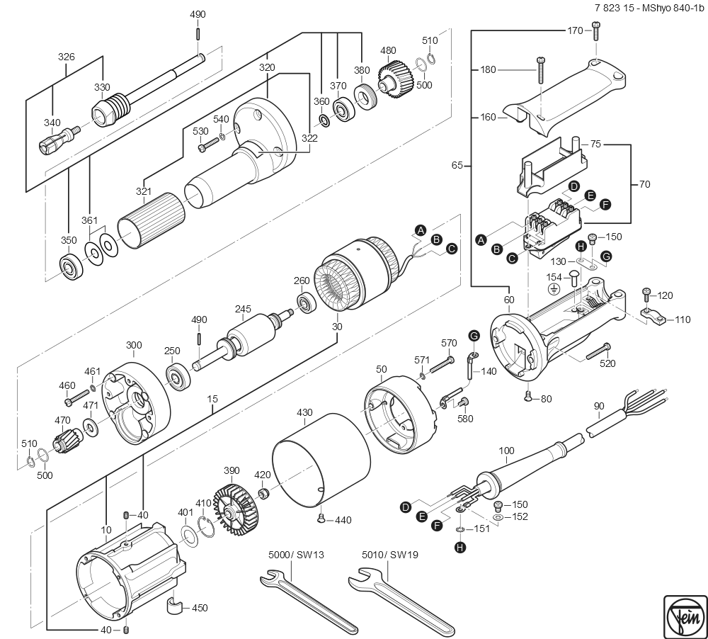  Diagram and Parts List for MSHYO840-1B 78231500220 Fein Angle Grinder