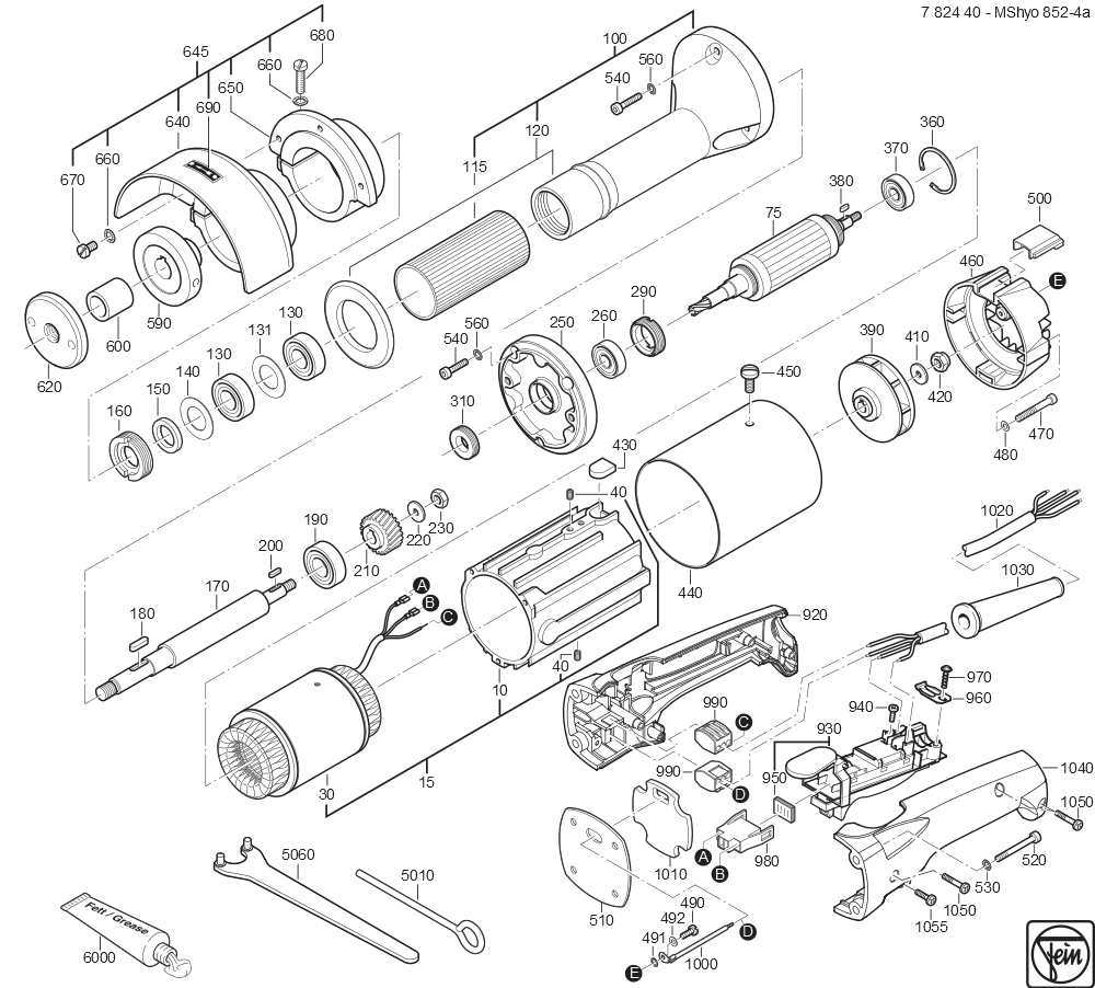  Diagram and Parts List for MSHYO852-4A 78244000260 Fein Angle Grinder