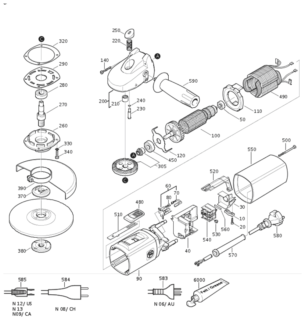 Figure 0 Diagram and Parts List for 72209600111  Fein Grinder