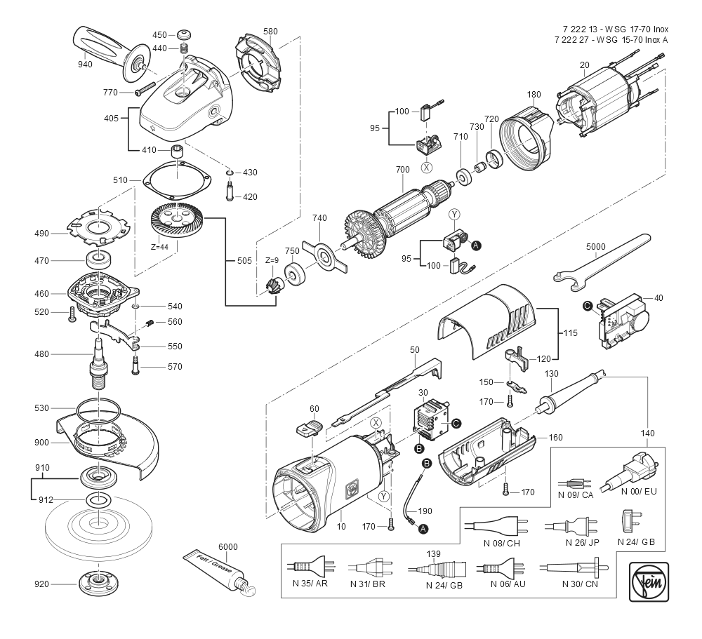  Diagram and Parts List for WSG17-70INOX 72221309360 Fein Angle Grinder