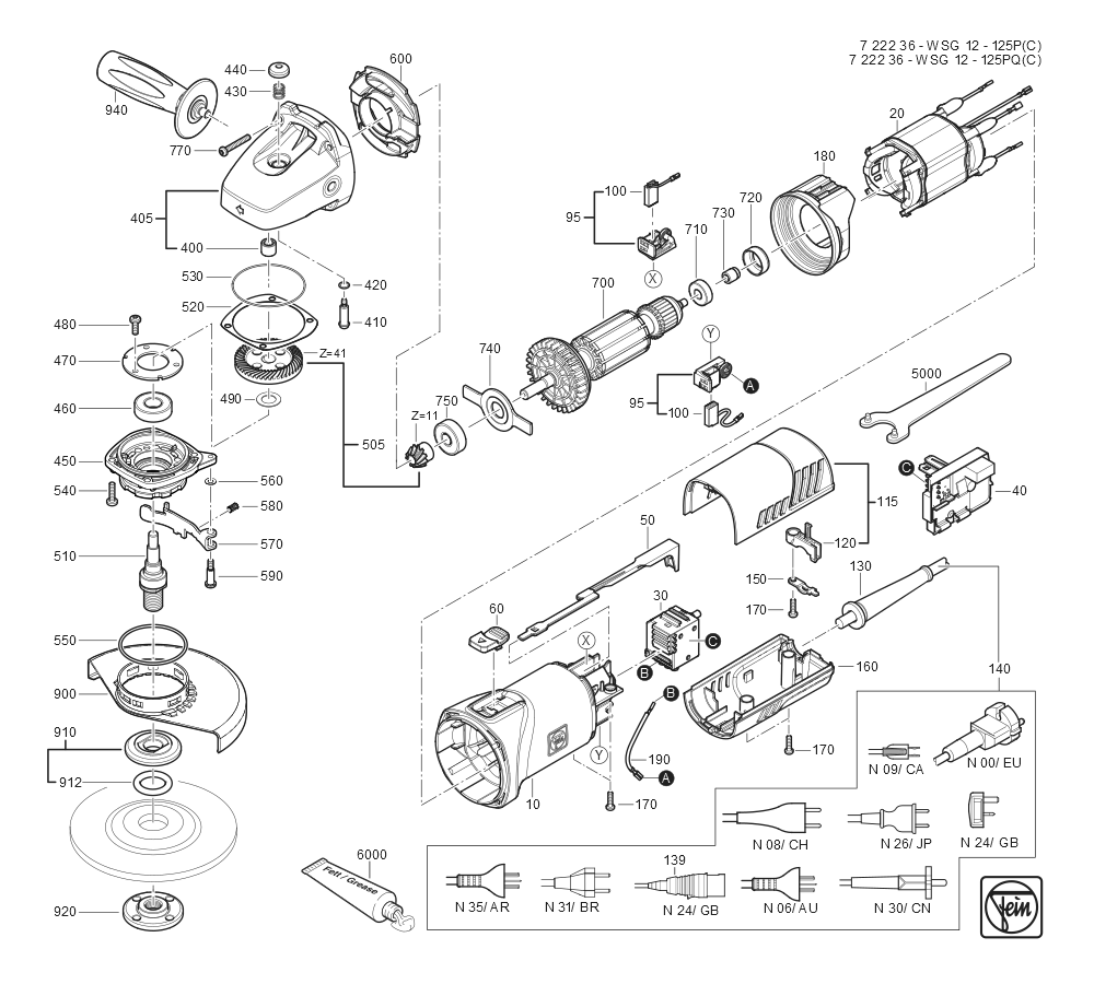  Diagram and Parts List for WSG12-125P 72223609360 Fein Angle Grinder