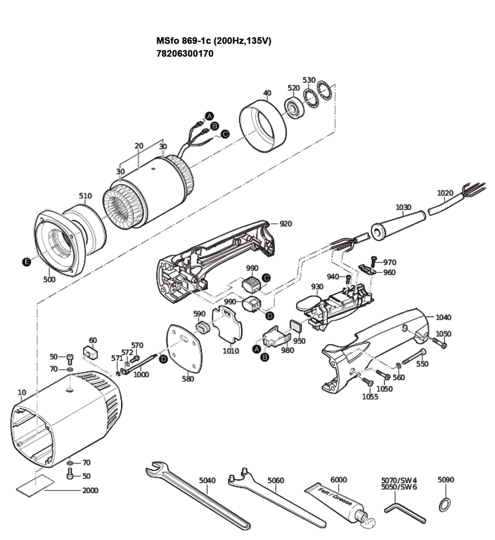 Figure 1 Diagram and Parts List for 78206300170  Fein Grinder