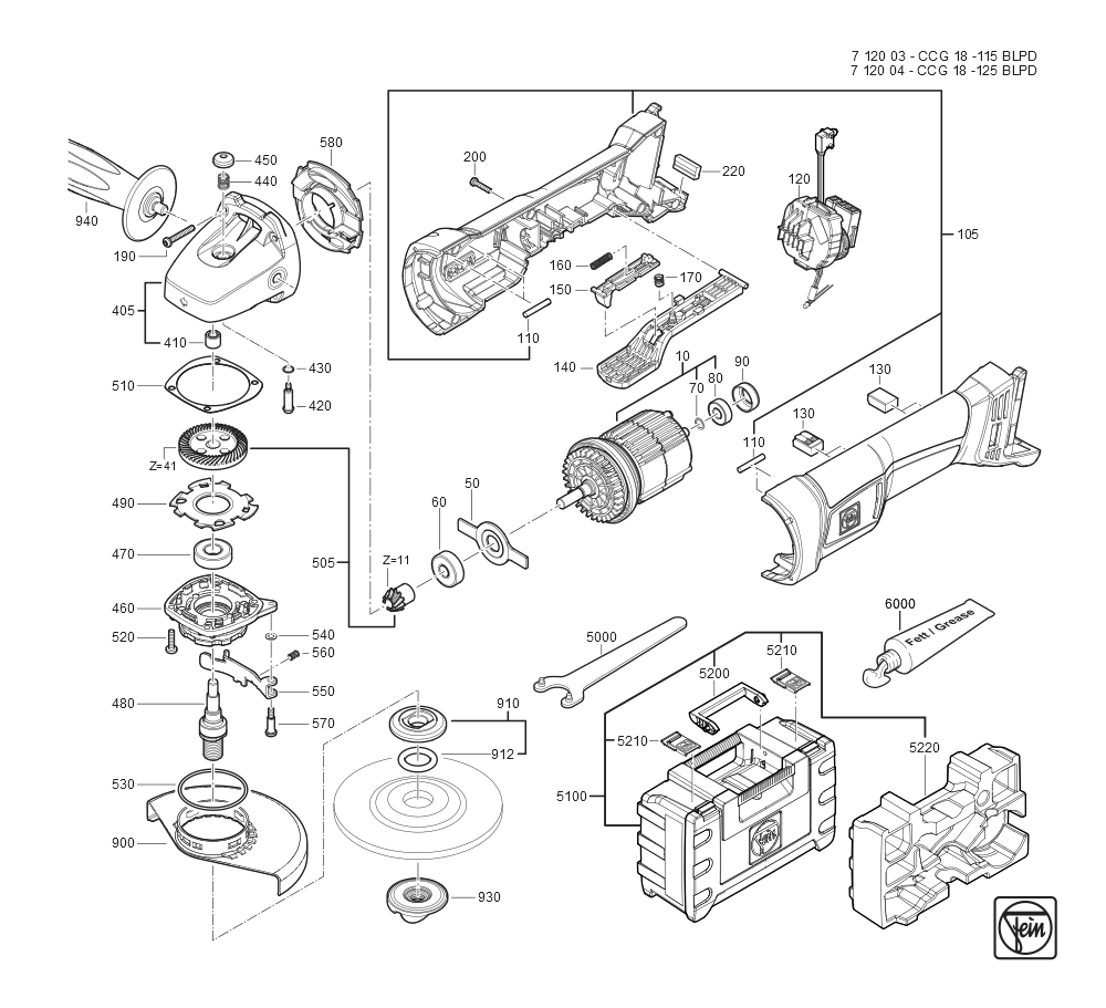  Diagram and Parts List for CCG18-115BLPD 71200309940 Fein Angle Grinder