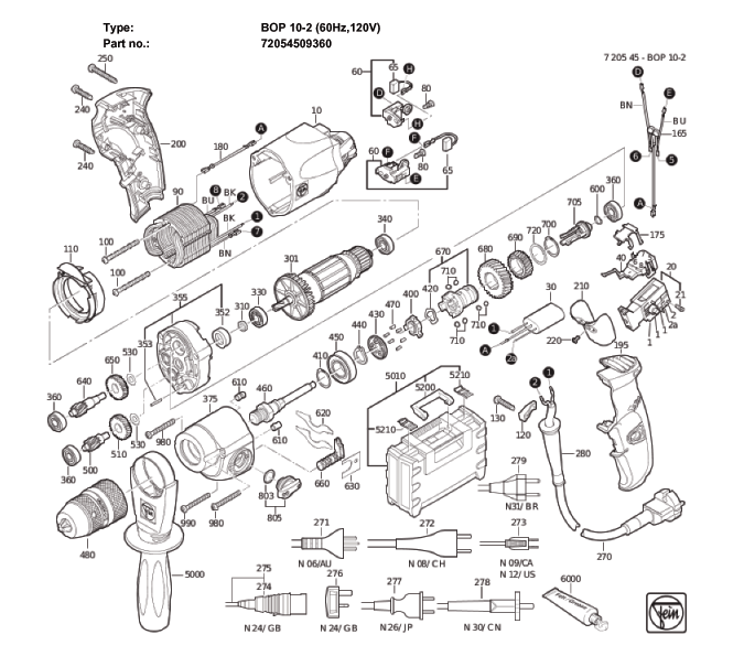 Figure 0 Diagram and Parts List for 72054509360  Fein Electric Drill