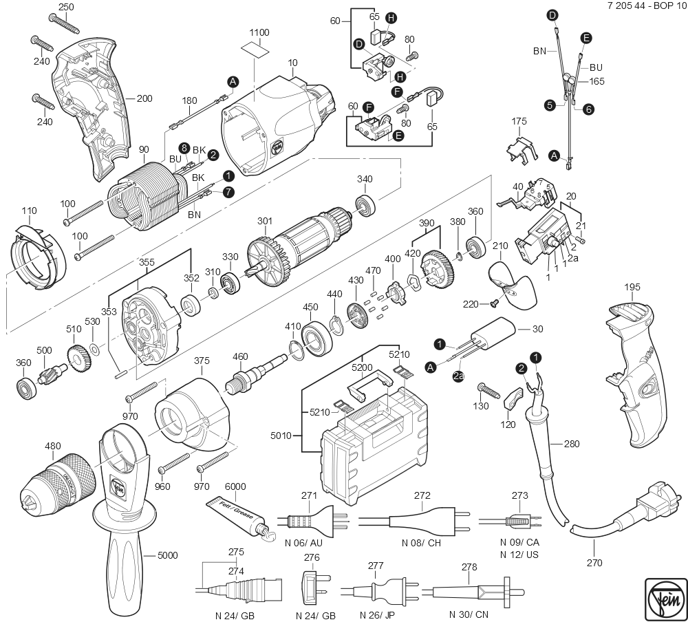 Diagram and Parts List for BOP10 72054409360 Fein Electric Drill