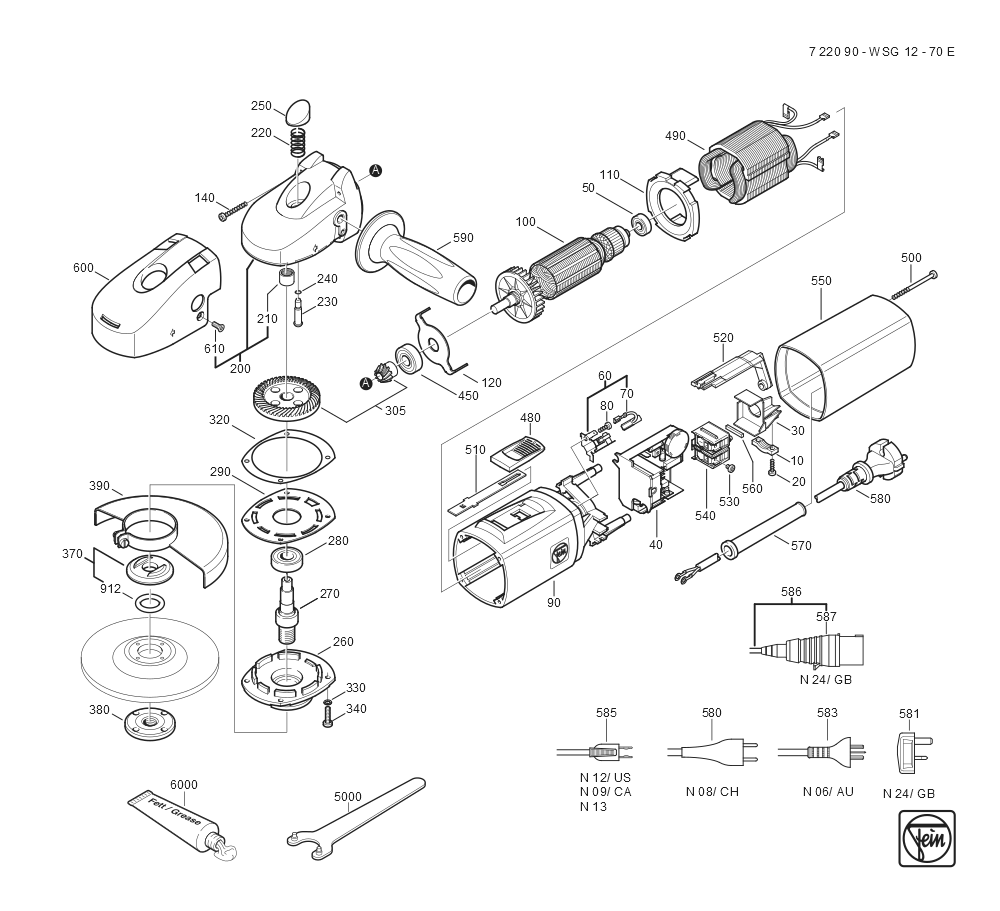  Diagram and Parts List for WSG12-70E 72209000629 Fein Angle Grinder