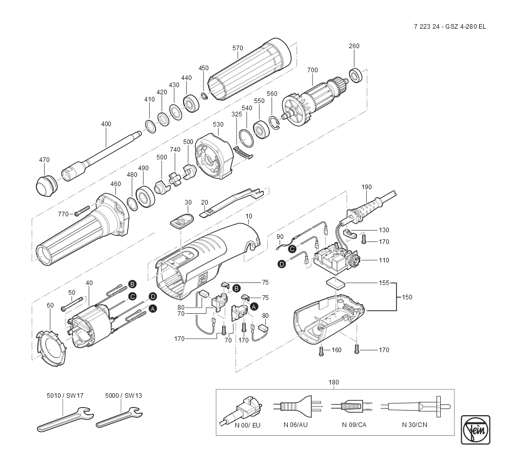  Diagram and Parts List for GSZ4-280EL 72232409360 Fein Die Grinder