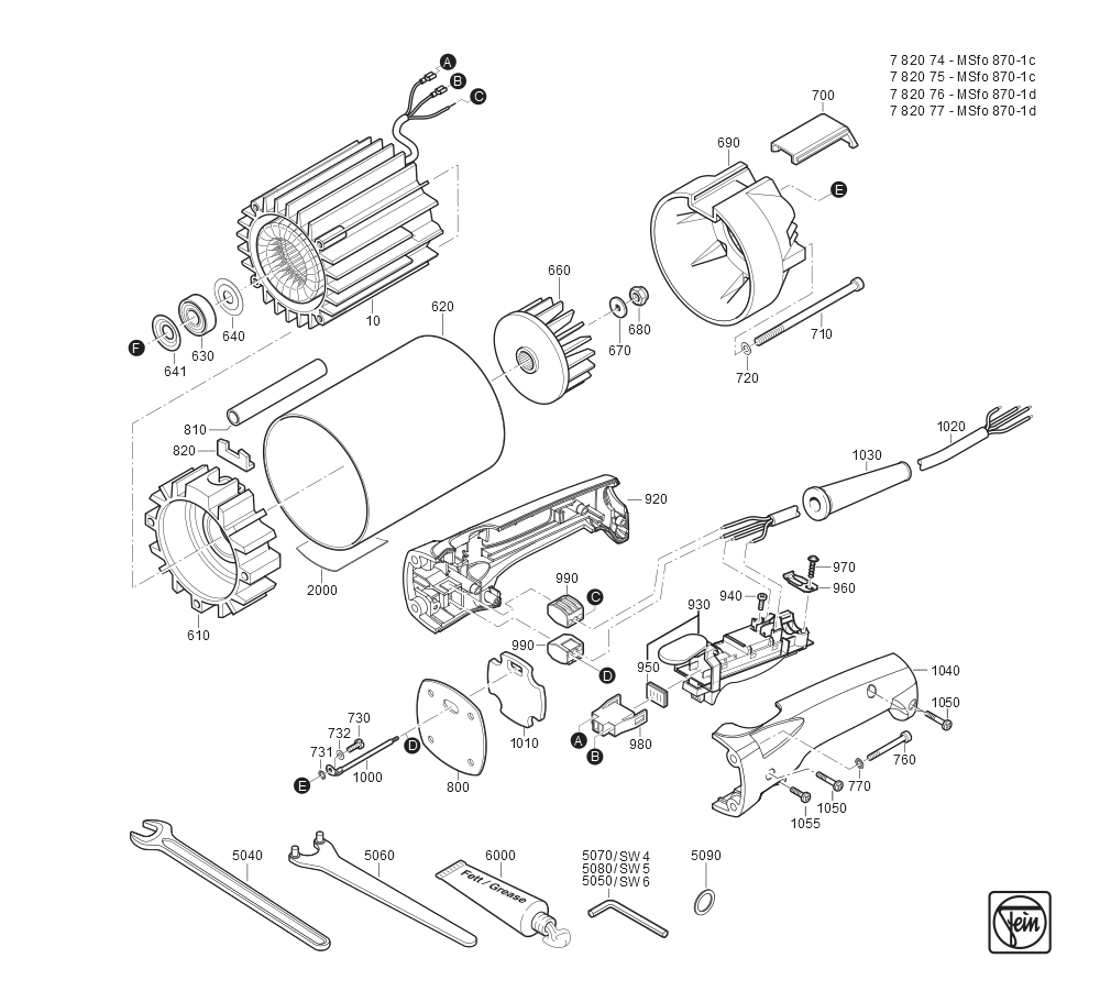  Diagram and Parts List for MSFO870-1D 78207709260 Fein Angle Grinder