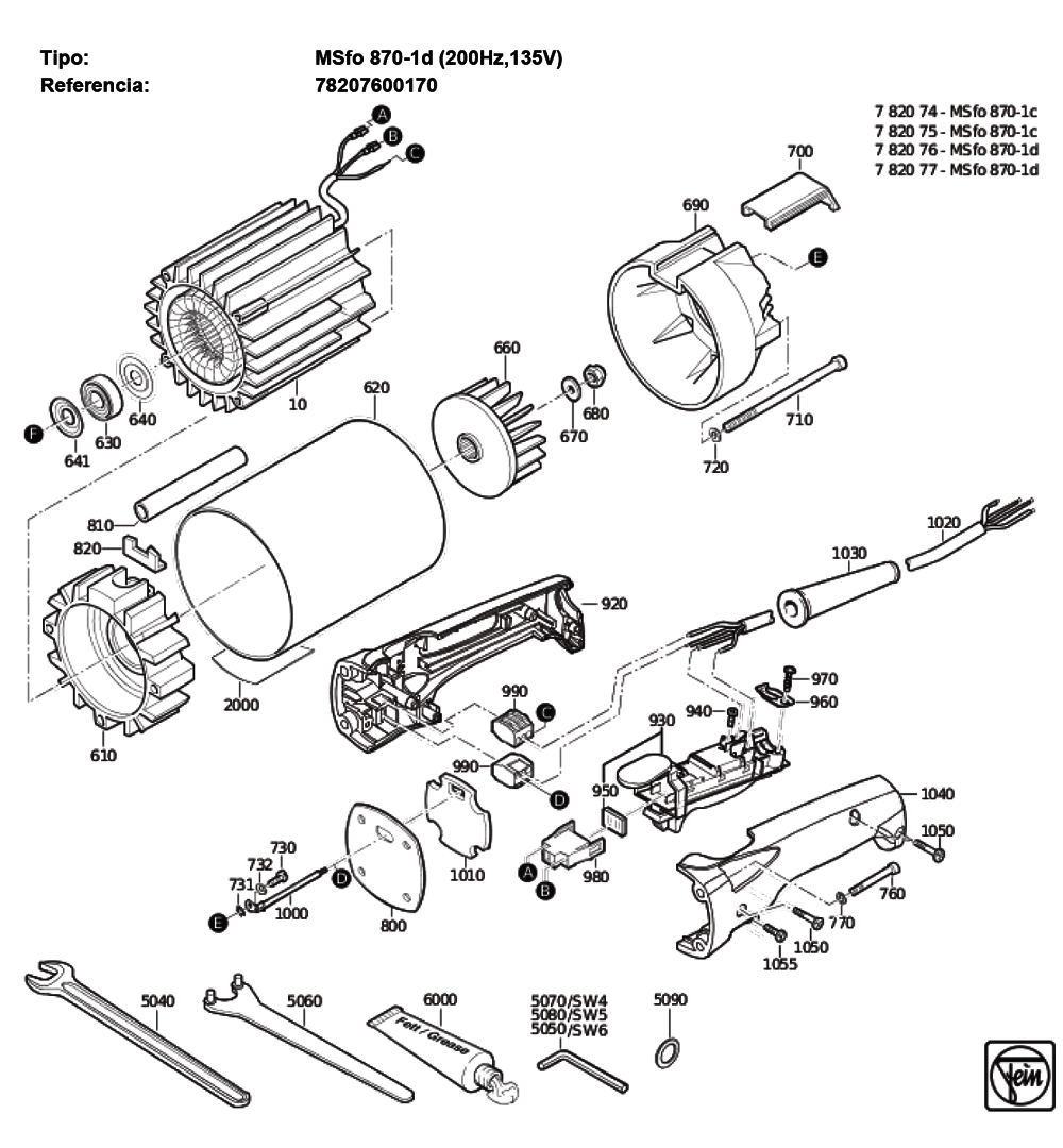 Figure 1 Diagram and Parts List for 78207600170  Fein Grinder
