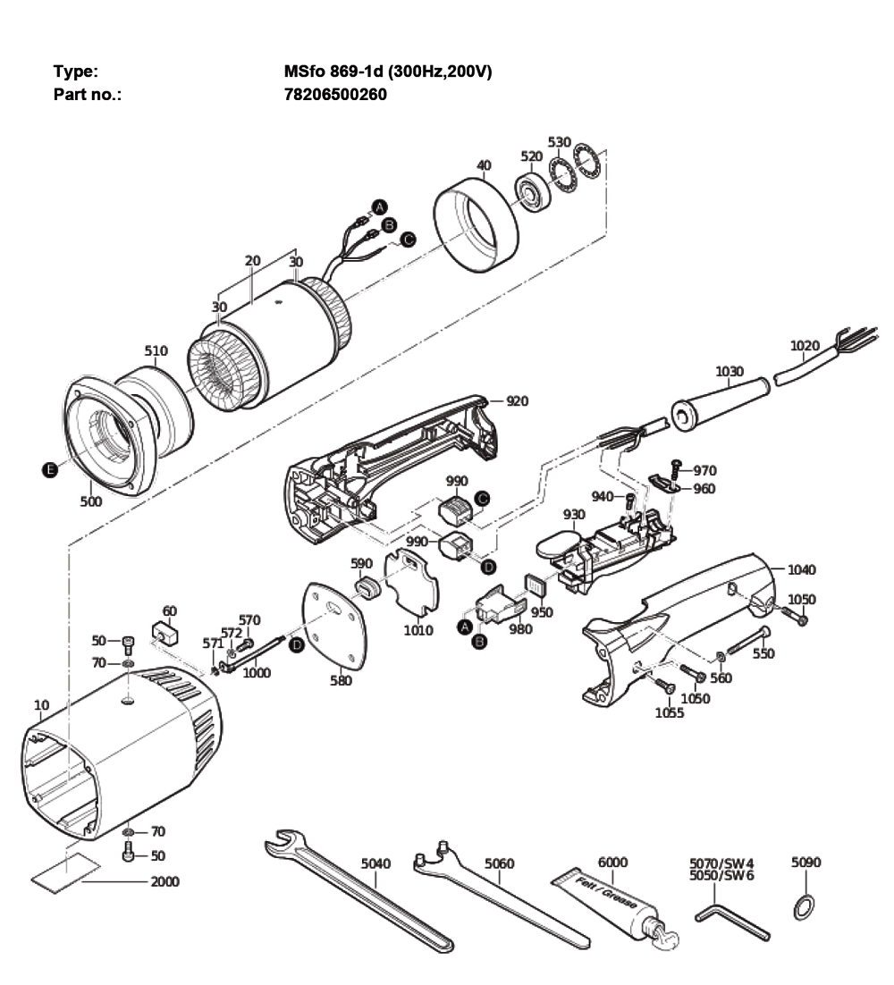 Figure 1 Diagram and Parts List for 78206500260  Fein Grinder