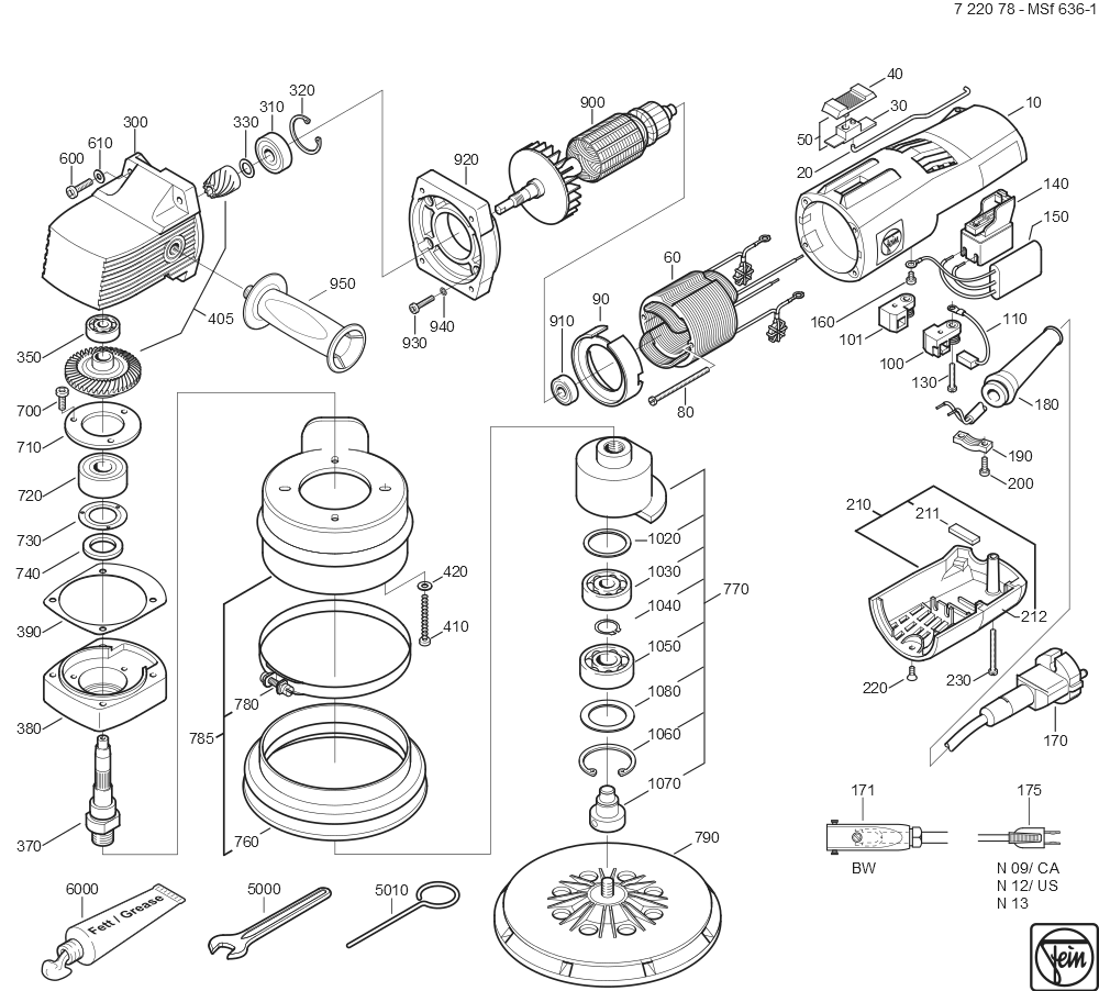  Diagram and Parts List for MSF636-1 72207813110 Fein Angle Grinder