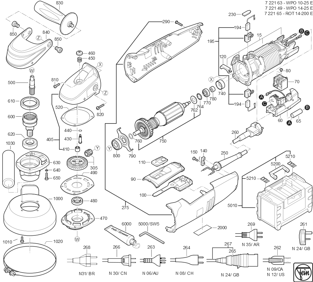  Diagram and Parts List for ROT14-200E 72216550120 Fein Angle Grinder
