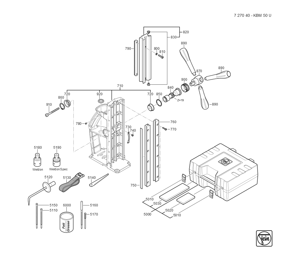  Diagram and Parts List for KBM50U 72704009360 Fein Mortiser