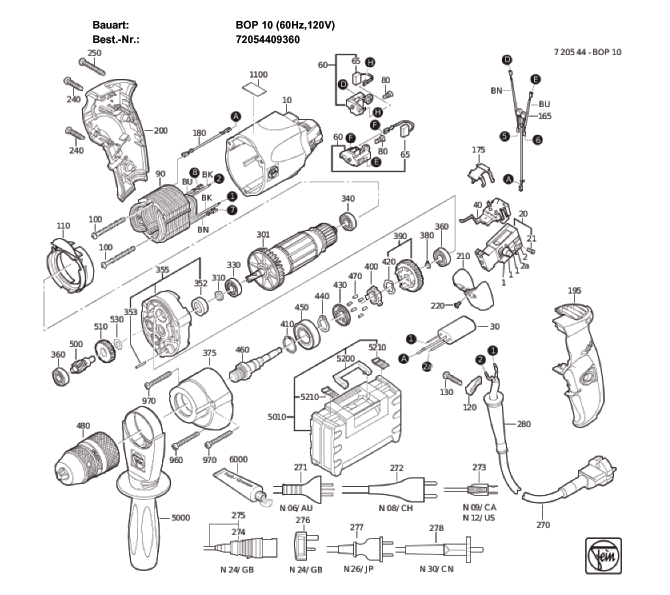 Figure 0 Diagram and Parts List for 72054409360  Fein Electric Drill
