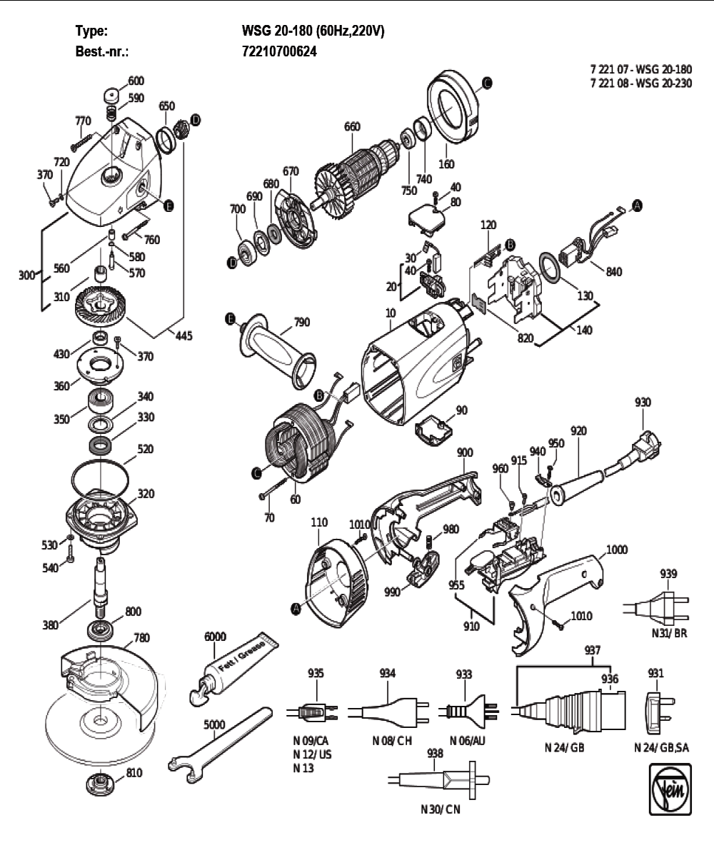 Figure 0 Diagram and Parts List for 72210700624  Fein Grinder