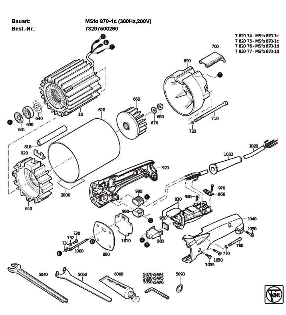 Figure 1 Diagram and Parts List for 78207500260  Fein Grinder