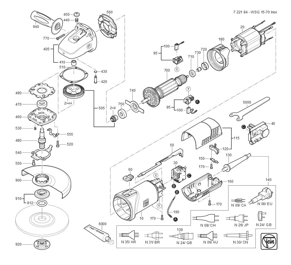  Diagram and Parts List for WSG15-70INOX 72218409360 Fein Angle Grinder