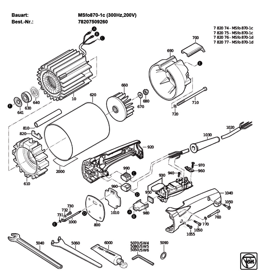 Figure 1 Diagram and Parts List for 78207509260  Fein Grinder