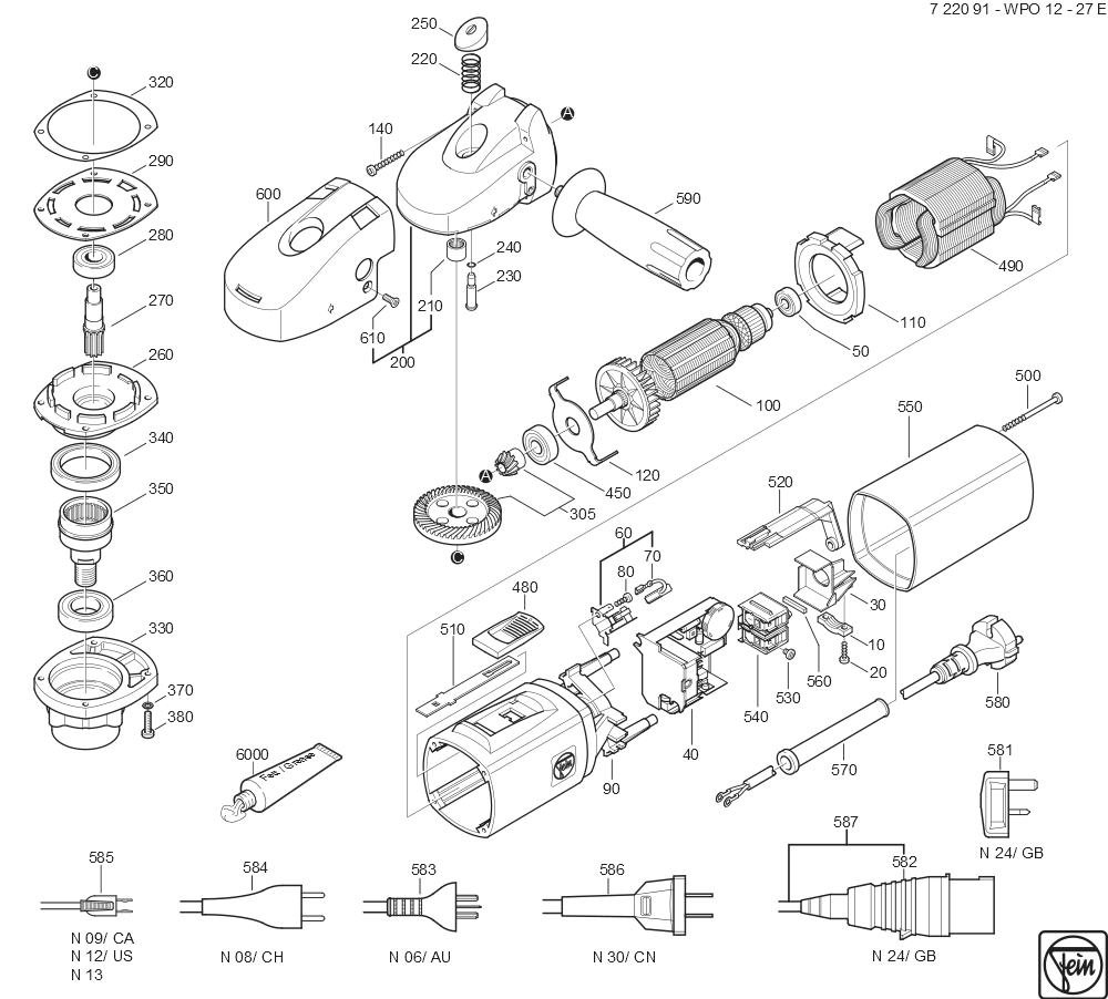  Diagram and Parts List for WPO12-27E 72209100628 Fein Angle Grinder