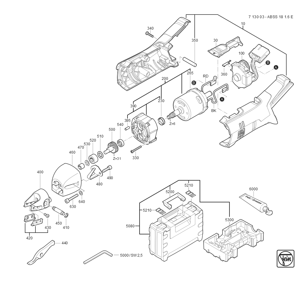  Diagram and Parts List for ABSS1816E 71300300940 Fein Nibbler & Shears