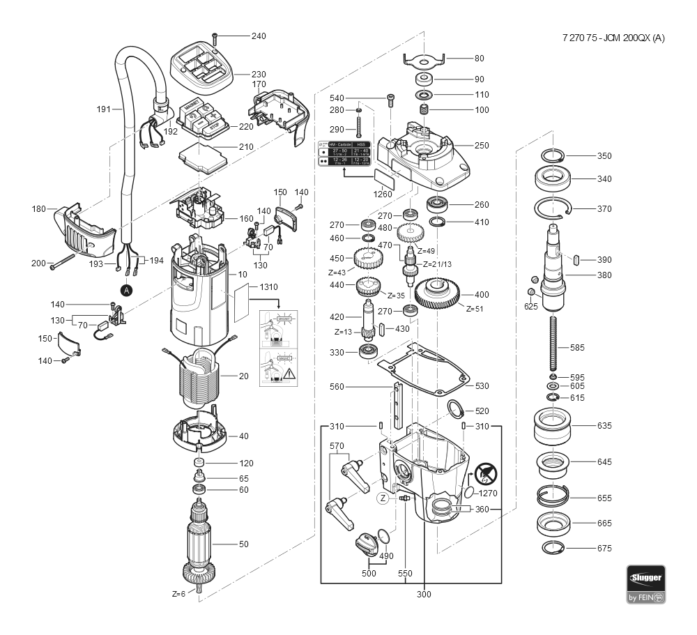  Diagram and Parts List for JCM200QX 72707509360 Fein Mortiser