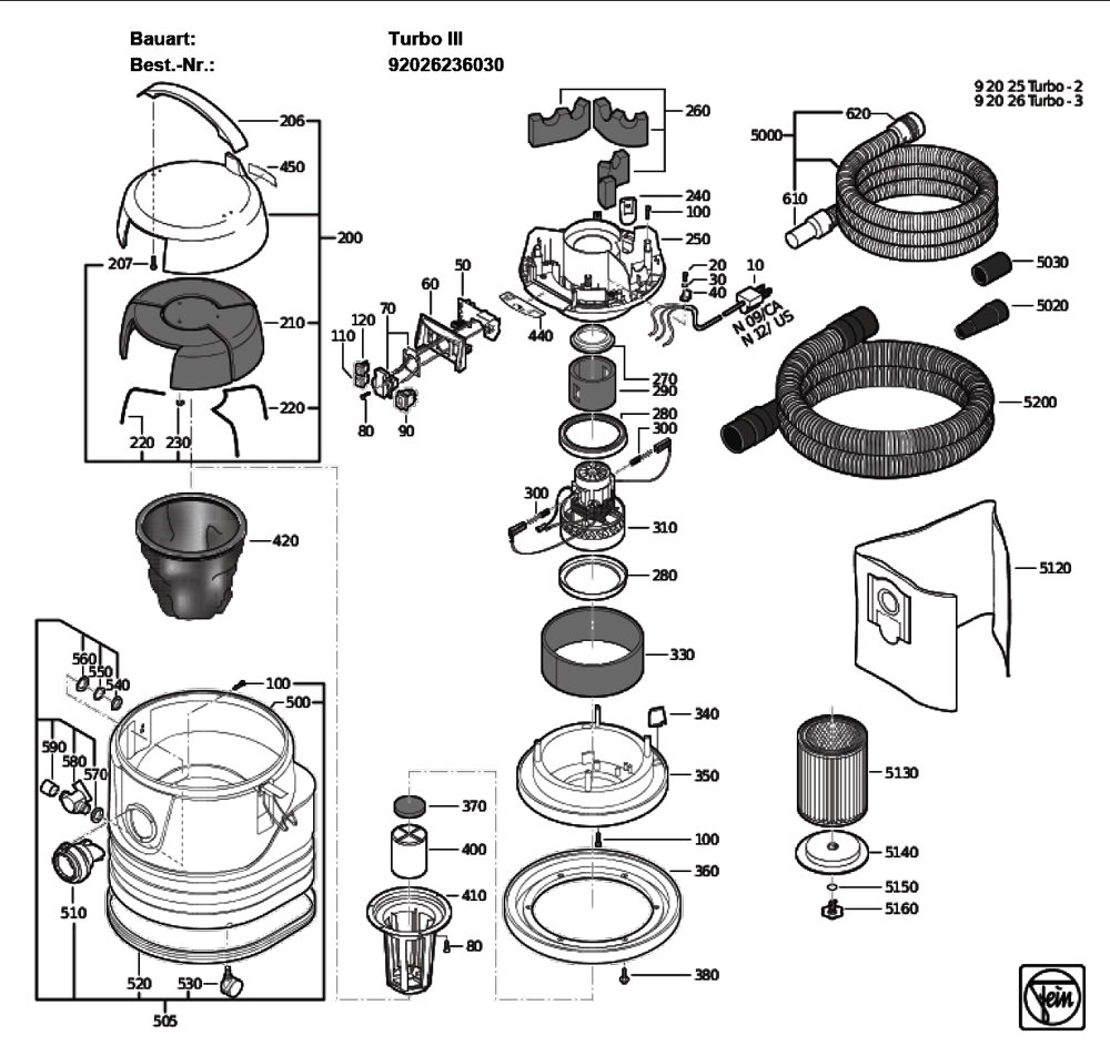 Figure 0 Diagram and Parts List for 92026236030  Fein Canister Vacuum