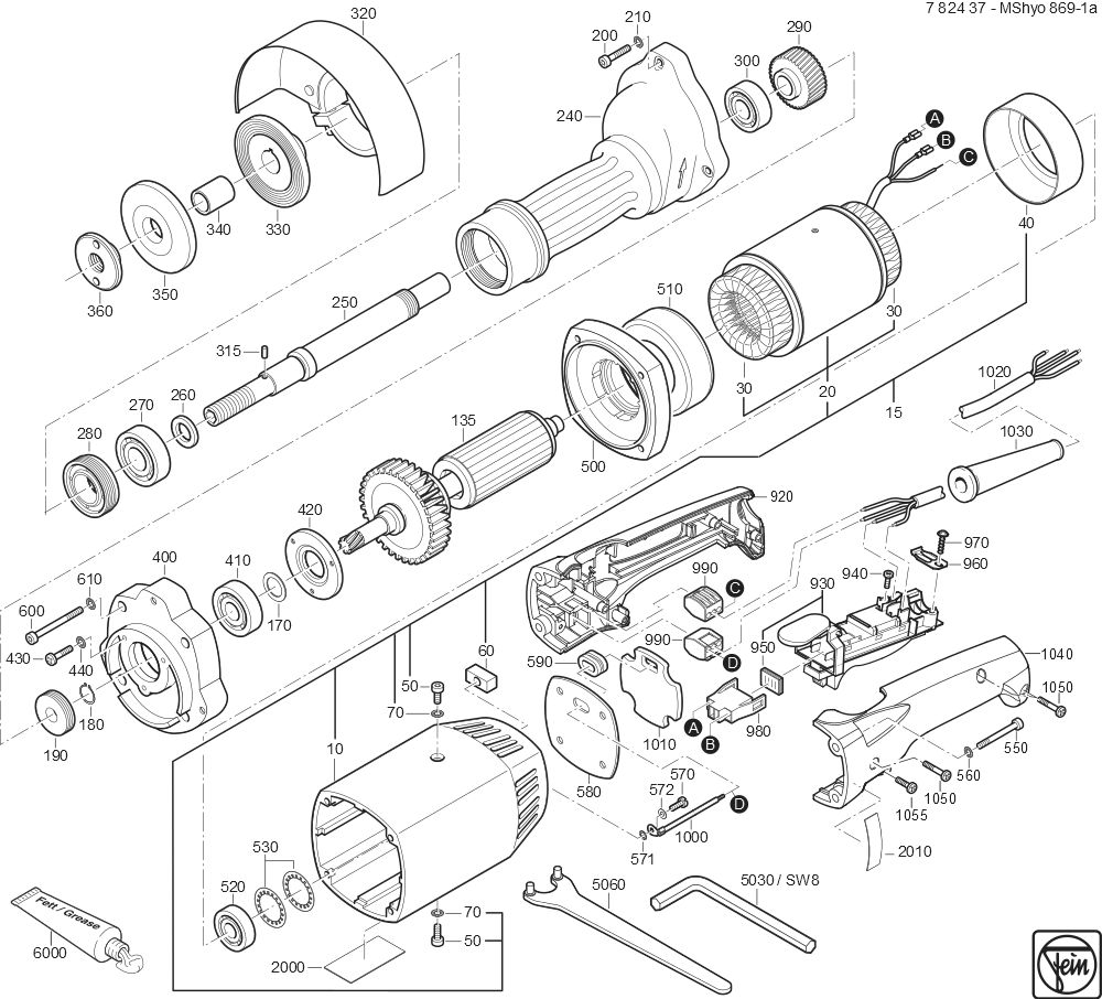  Diagram and Parts List for MSHYO869-1A 78243700220 Fein Angle Grinder