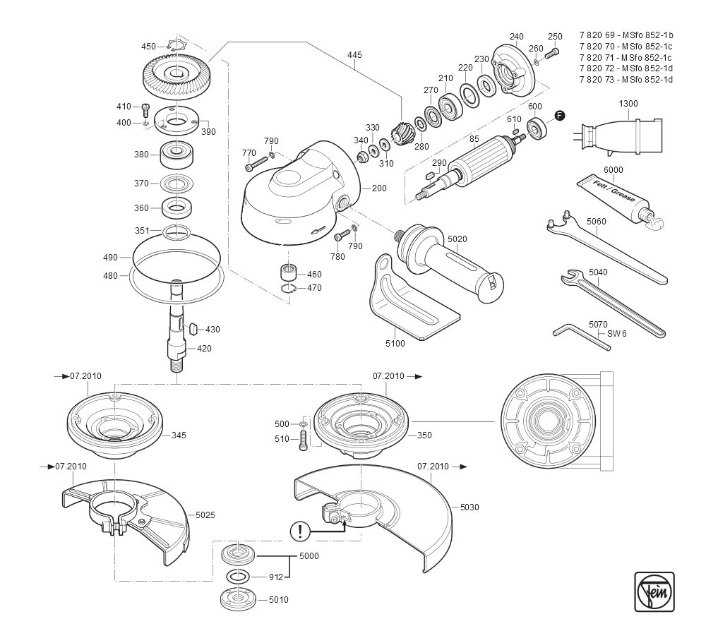  Diagram and Parts List for MSFO852-1C 78207100260 Fein Angle Grinder