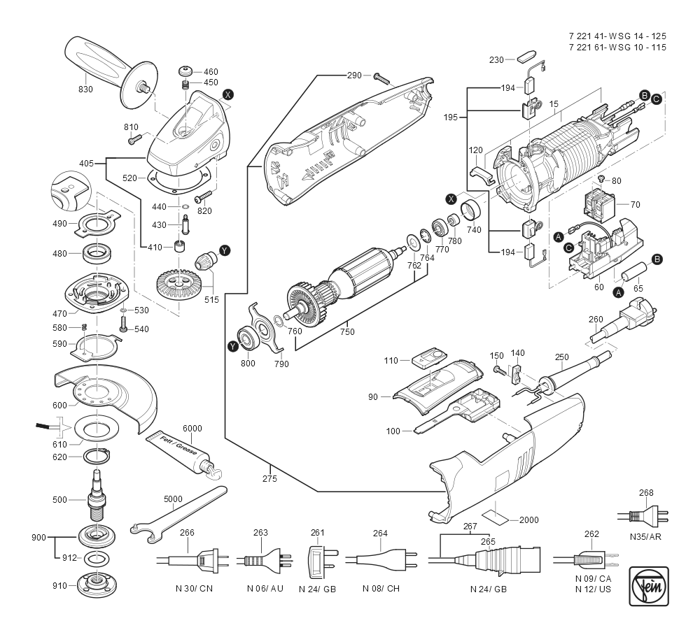  Diagram and Parts List for WSG10-115 72216112360 Fein Angle Grinder