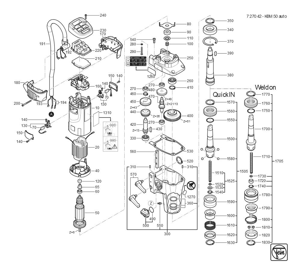  Diagram and Parts List for KBM50AUTO 72704209360 Fein Mortiser