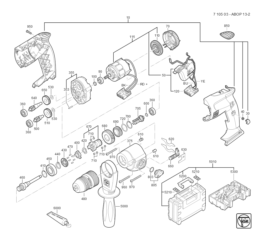  Diagram and Parts List for ABOP13-2 71050300940 Fein Cordless Drill