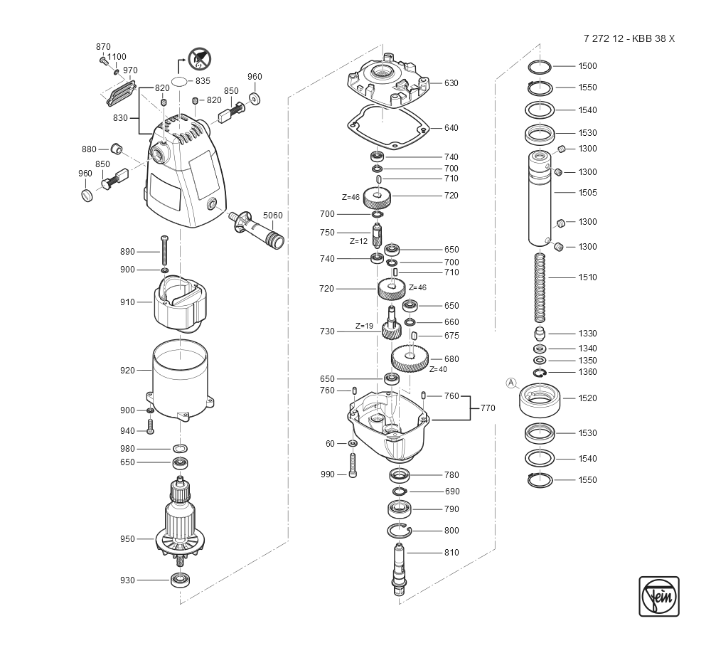  Diagram and Parts List for KBB38X 72721209360 Fein Mortiser