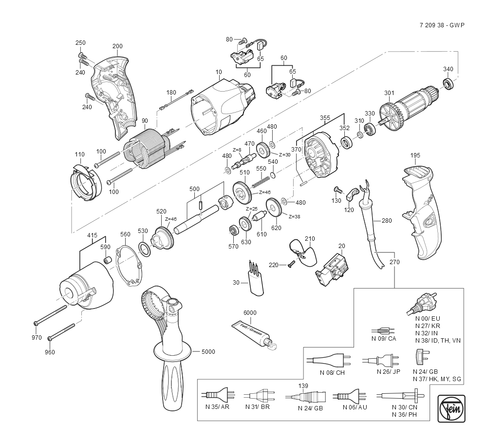  Diagram and Parts List for GWP10 72093809360 Fein Electric Drill