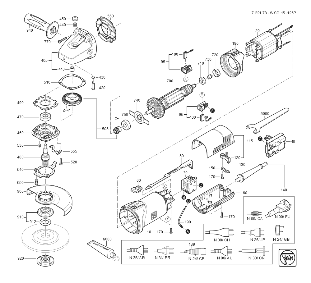  Diagram and Parts List for WSG15-125P 72217809360 Fein Angle Grinder
