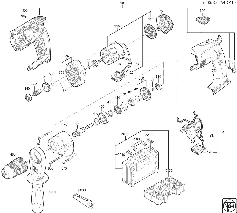  Diagram and Parts List for ABOP10 71050200940 Fein Cordless Drill